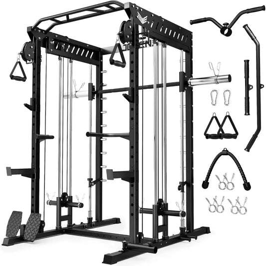 M21 Smith Machine, Multi-Function Power Cage with Dual Pulley Cable Crossover System, 2000LBS All-in-One Squat Rack