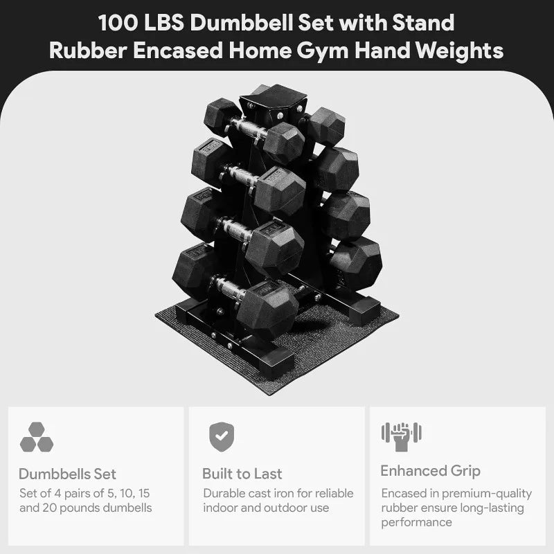 BalanceFrom 100LB or 150LB Rubber Coated Hex Dumbbell Weight Set and Storage Rack, 5-20 lbs Pairs, or 5-25 lbs Pairs