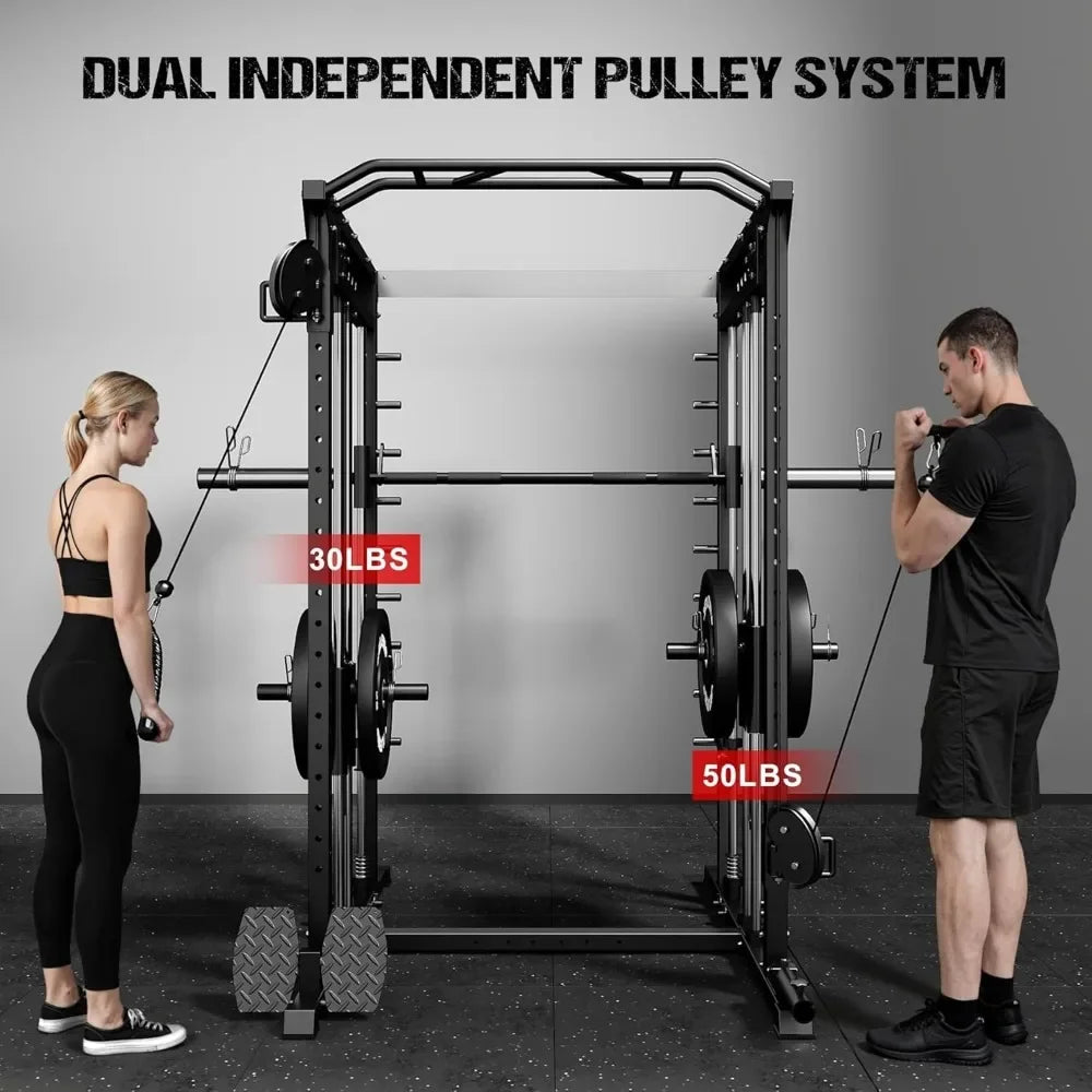 M21 Smith Machine, Multi-Function Power Cage with Dual Pulley Cable Crossover System, 2000LBS All-in-One Squat Rack