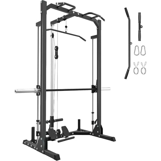 Compact Smith Machine Home Gym - 800lb Barbell Sleeve, Space-Saving Power Cage with LAT Pulldown, Power Rack 5-in-1
