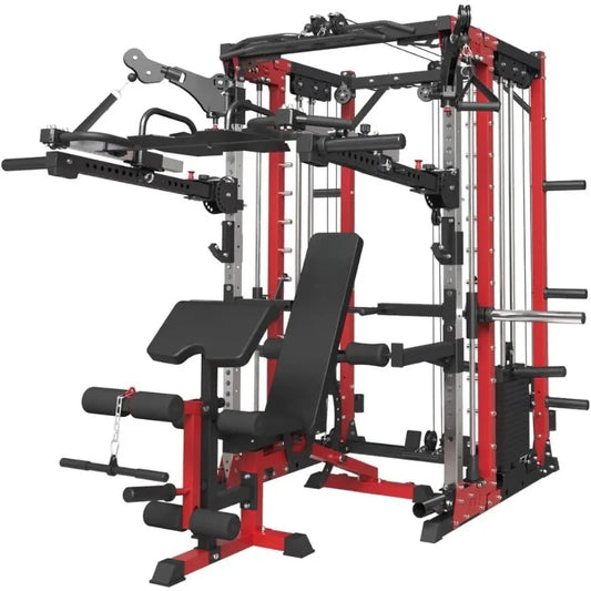 Commercial Smithe Machine with 308lb Dual Weight Stacks, 4000LBS Power Cage Squat Rack with Lever Arm & Leg Press, Multi-F