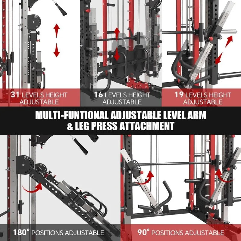 Commercial Smithe Machine with 308lb Dual Weight Stacks, 4000LBS Power Cage Squat Rack with Lever Arm & Leg Press, Multi-F