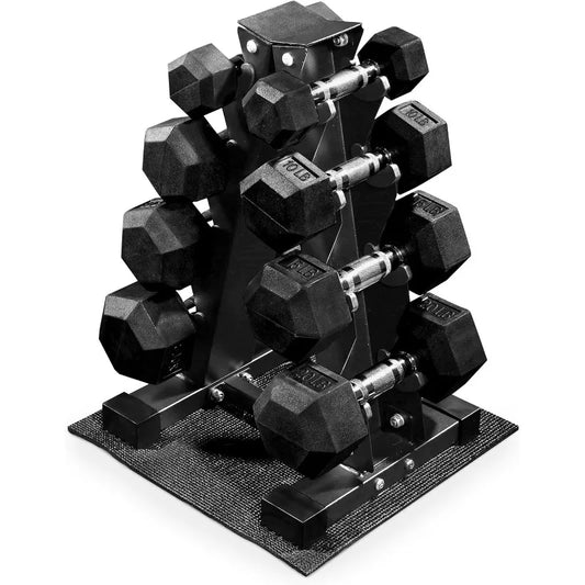 BalanceFrom 100LB or 150LB Rubber Coated Hex Dumbbell Weight Set and Storage Rack, 5-20 lbs Pairs, or 5-25 lbs Pairs