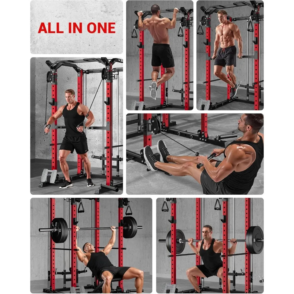 Multi-Function Power Rack, 2000 lbs Power Cage with Adjustable Cable Crossover System and More Training Attachment