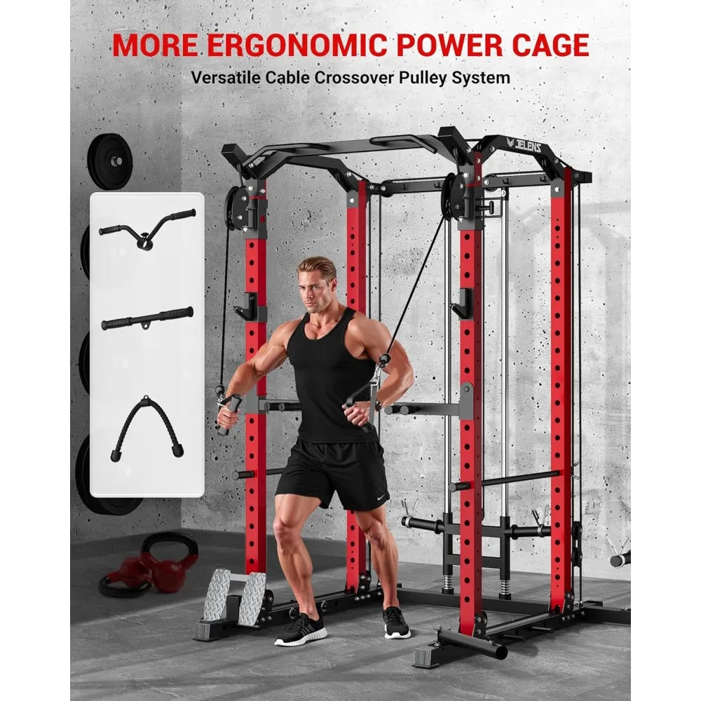 Multi-Function Power Rack, 2000 lbs Power Cage with Adjustable Cable Crossover System and More Training Attachment