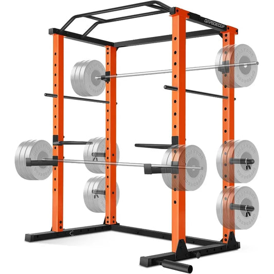 OPPSDECOR Power Cage, Multi-Function Power Rack with J-Hooks, Dip Handles, 360°Landmine and More Training Attachment