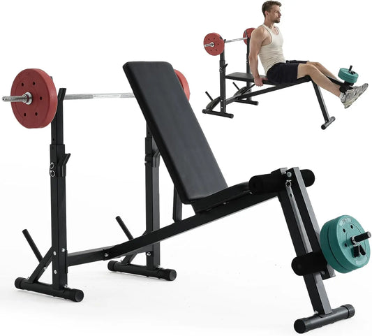 600LBS Incline Weight Bench Set with Rack, 4-in-1 Adjustable Workout Bench with Leg Extention for Bench press,Curl and Ab Workou