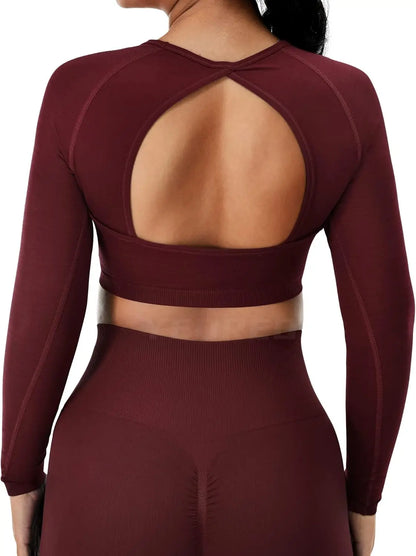 Women Long Sleeve Open Back Yoga Tops