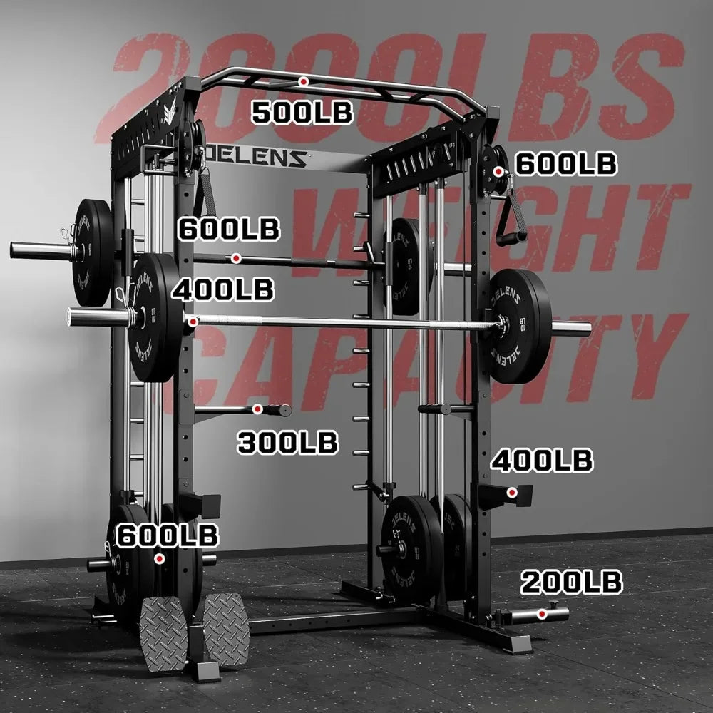 M21 Smith Machine, Multi-Function Power Cage with Dual Pulley Cable Crossover System, 2000LBS All-in-One Squat Rack