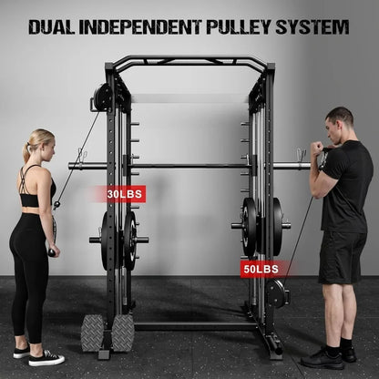M21 Smith Machine, Multi-Function Power Cage with Dual Pulley Cable Crossover System, 2000LBS All-in-One Squat Rack