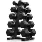 Hex Dumbbell Set with Rack - Rubber Coated Cast Iron Weights, Non-Slip Chrome Handles, Space-Saving Home Gym Set