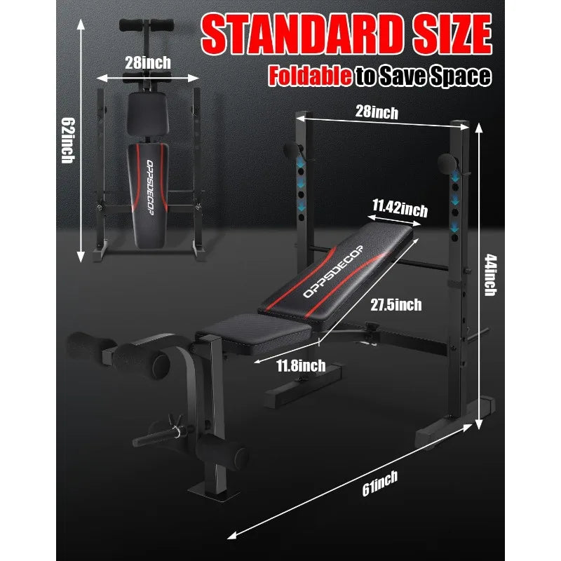 OPPSDECOR Standard Weight Bench Set with Squat Rack, Adjustable Bench Press Set with Leg Extension and Leg Curl