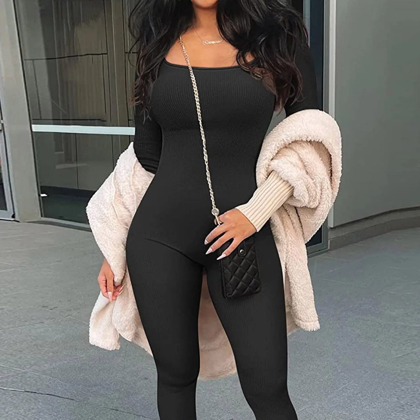 Women's Yoga Jumpsuits Long Sleeve Square Neck Sport Bodycon Jumpsuit for Sports Fitness Workout Wear