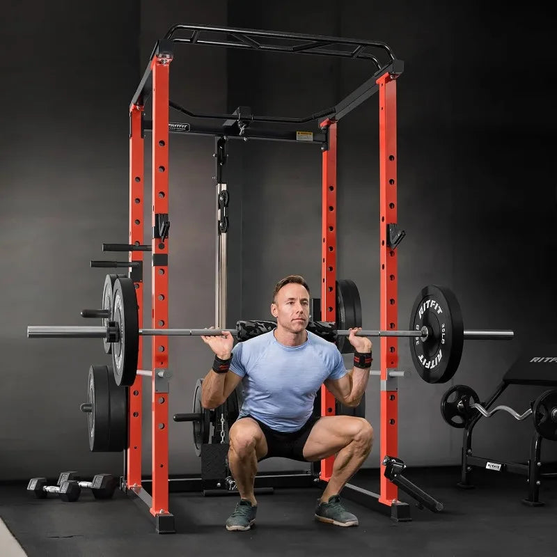 RitFit Power Cage with Optional LAT PullDown/Cable Crossover/Smith Machine System, 1000LB Squat Rack for Home & Garage Gym
