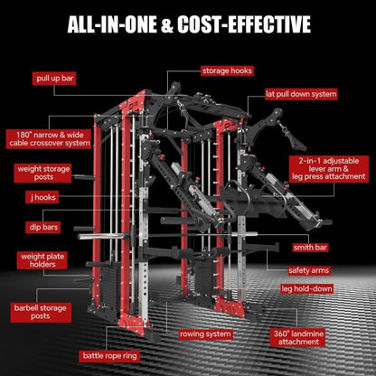 Commercial Smithe Machine with 308lb Dual Weight Stacks, 4000LBS Power Cage Squat Rack with Lever Arm & Leg Press, Multi-F