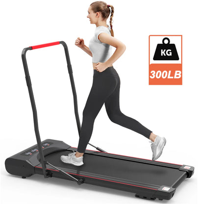 Under Desk Walking Pad Treadmill Foldable with Handlebar Remote Controll, 300 LB Capacity Suitable for Aerobic Sport Fitness