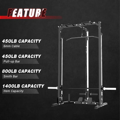 Compact Smith Machine Home Gym - 800lb Barbell Sleeve, Space-Saving Power Cage with LAT Pulldown, Power Rack 5-in-1