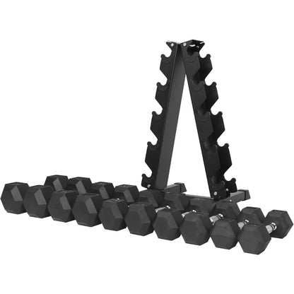 Signature Fitness 200LB Rubber Coated Hex Dumbbell Weight Set and Storage Rack, 10-30 lbs Pairs