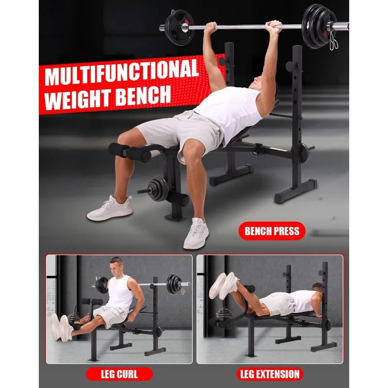 OPPSDECOR Standard Weight Bench Set with Squat Rack, Adjustable Bench Press Set with Leg Extension and Leg Curl