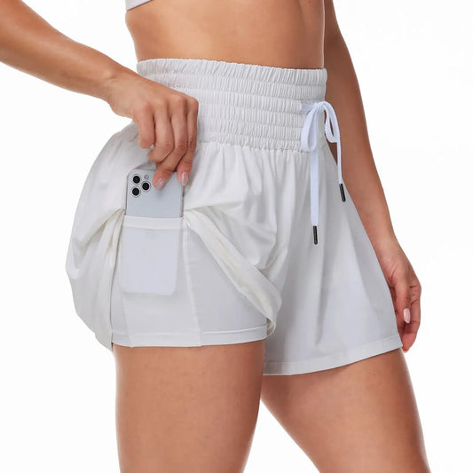 Women's 2-in-1 High Waist Running Shorts with Elastic Waist Drawstring, Comfortable Sports Pocket Shorts, Lightweight Golf Tenni