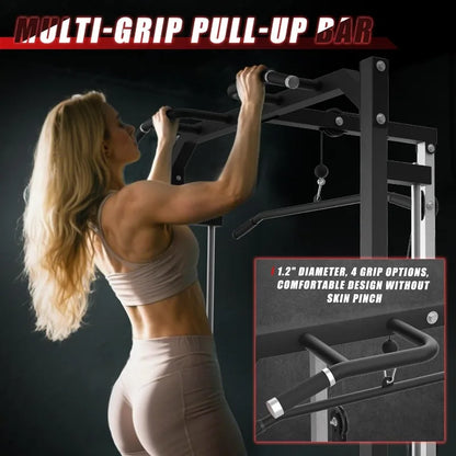 Compact Smith Machine Home Gym - 800lb Barbell Sleeve, Space-Saving Power Cage with LAT Pulldown, Power Rack 5-in-1