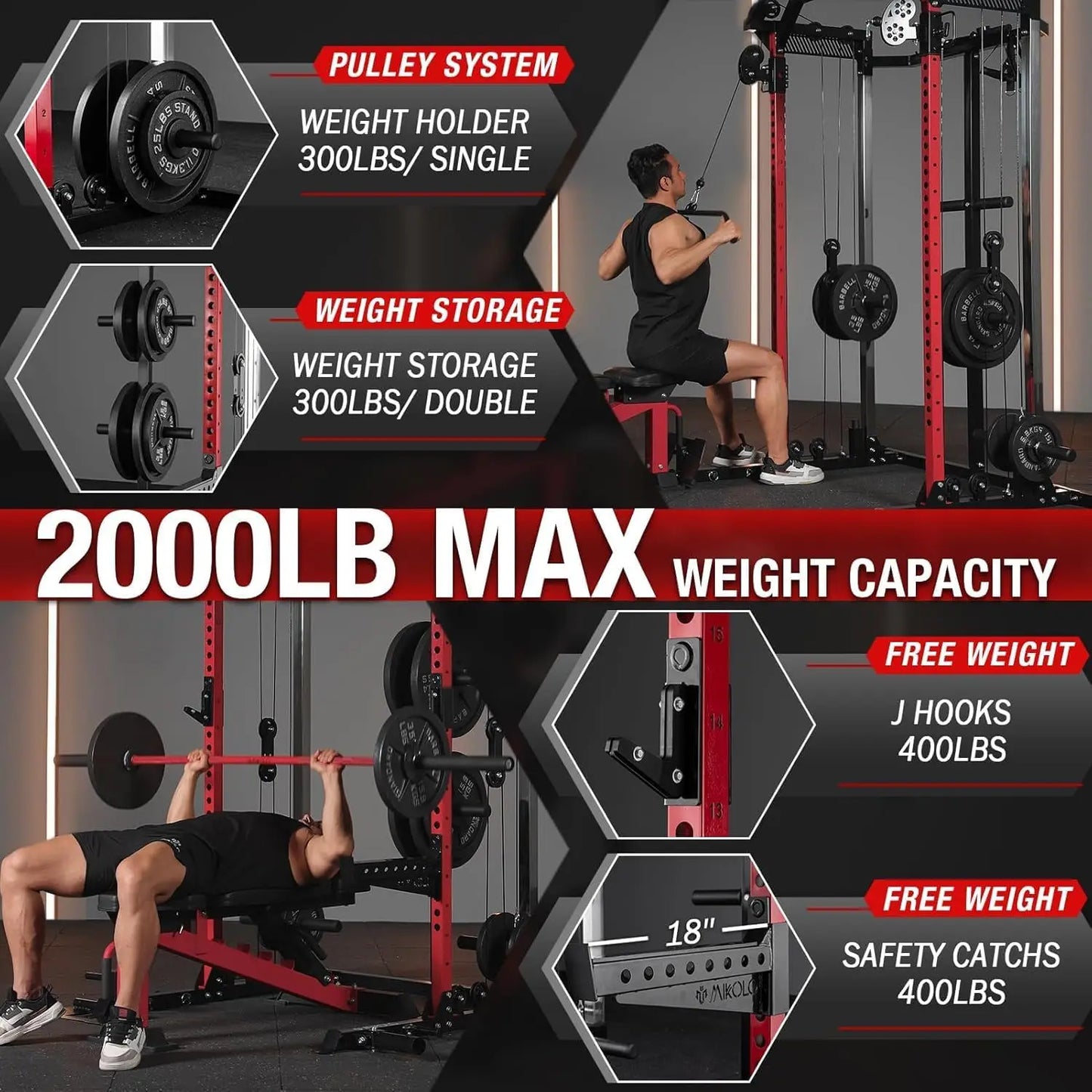 Power Cage, 2000LB Power Rack with Independent Dual Pulley System, Multi-Function Home Gym Workout Machine for Cable Crossover