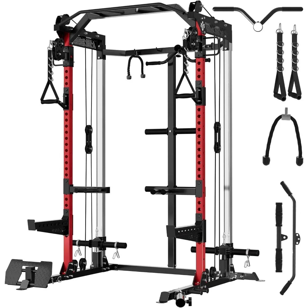 Smith Machine, 2000LB Squat Rack, Dual Pulley Cable Crossover System, Multi-function Free Weight Home Gym Workout Machine