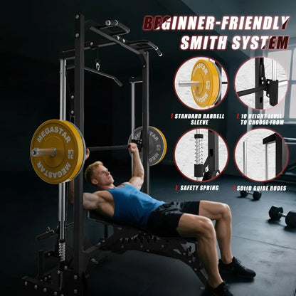 Compact Smith Machine Home Gym - 800lb Barbell Sleeve, Space-Saving Power Cage with LAT Pulldown, Power Rack 5-in-1