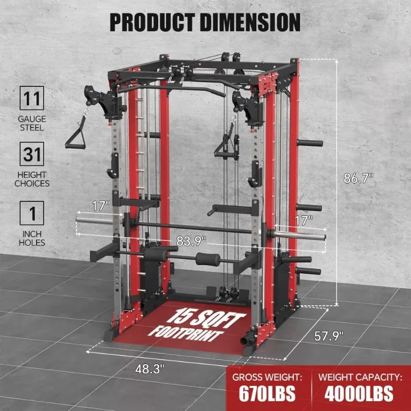 Commercial Smithe Machine with 308lb Dual Weight Stacks, 4000LBS Power Cage Squat Rack with Lever Arm & Leg Press, Multi-F