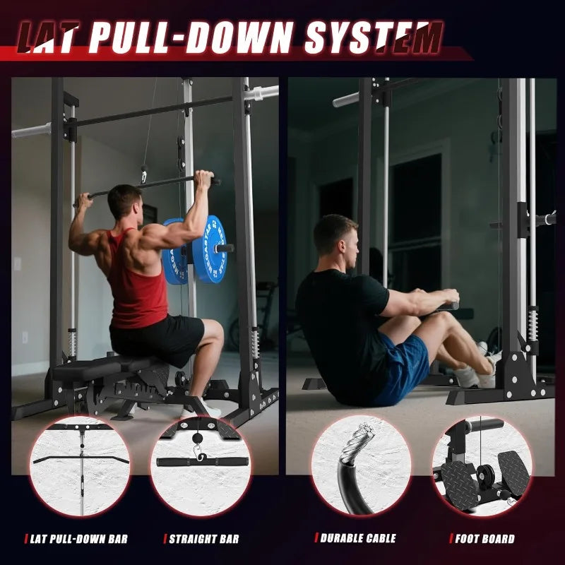 Compact Smith Machine Home Gym - 800lb Barbell Sleeve, Space-Saving Power Cage with LAT Pulldown, Power Rack 5-in-1
