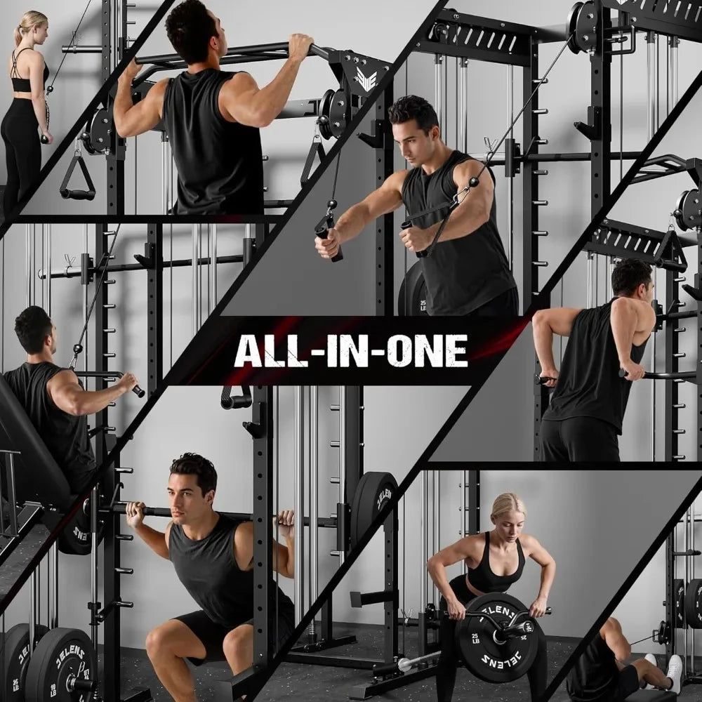 M21 Smith Machine, Multi-Function Power Cage with Dual Pulley Cable Crossover System, 2000LBS All-in-One Squat Rack