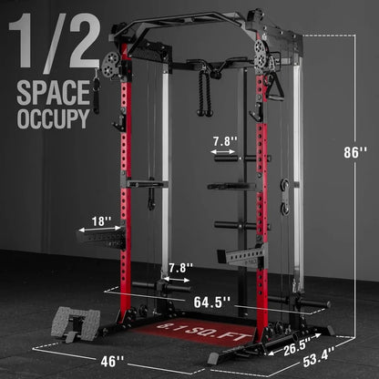 Smith Machine, 2000LB Squat Rack, Dual Pulley Cable Crossover System, Multi-function Free Weight Home Gym Workout Machine