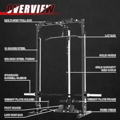 Compact Smith Machine Home Gym - 800lb Barbell Sleeve, Space-Saving Power Cage with LAT Pulldown, Power Rack 5-in-1