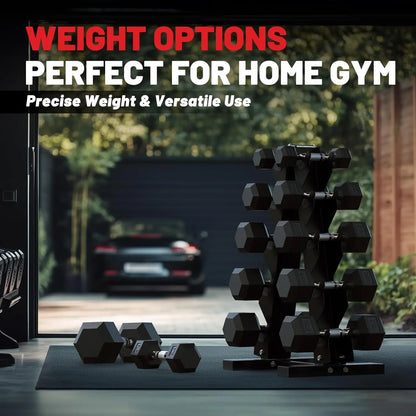 Hex Dumbbell Set with Rack - Rubber Coated Cast Iron Weights, Non-Slip Chrome Handles, Space-Saving Home Gym Set
