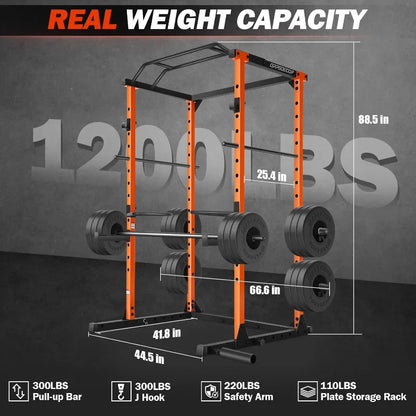 OPPSDECOR Power Cage, Multi-Function Power Rack with J-Hooks, Dip Handles, 360°Landmine and More Training Attachment