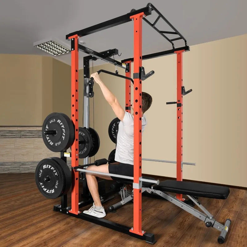 RitFit Power Cage with Optional LAT PullDown/Cable Crossover/Smith Machine System, 1000LB Squat Rack for Home & Garage Gym