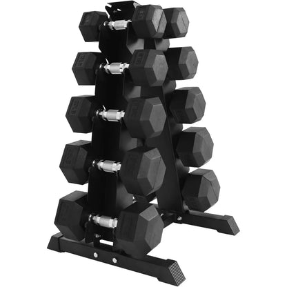 Signature Fitness 200LB Rubber Coated Hex Dumbbell Weight Set and Storage Rack, 10-30 lbs Pairs