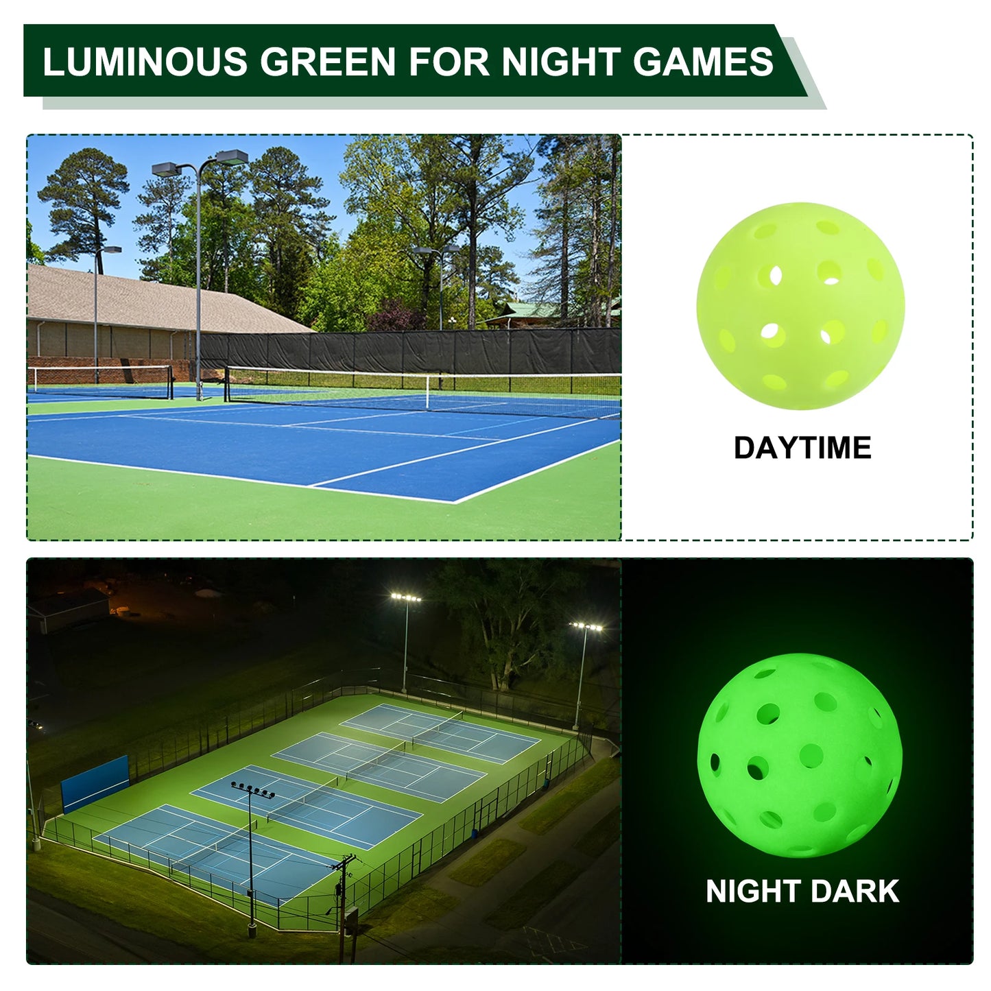 Outdoor Pickleball Balls, 40 Holes Pickleball 6 Pack Glow at Night Pickleball for Amateurs Indoor and Outdoor Sport, Luminous Gr