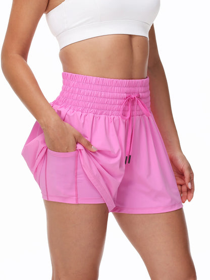 Women's 2-in-1 High Waist Running Shorts with Elastic Waist Drawstring, Comfortable Sports Pocket Shorts, Lightweight Golf Tenni