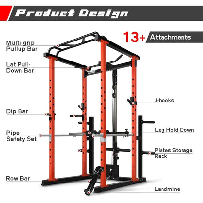 RitFit Power Cage with Optional LAT PullDown/Cable Crossover/Smith Machine System, 1000LB Squat Rack for Home & Garage Gym