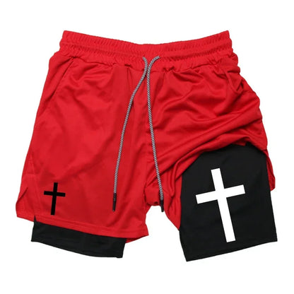 Cross Graphic 2 in 1 Workout Running Shorts for Men Christian Gym Performance Shorts with Phone Pocket Towel Loop Active Wear