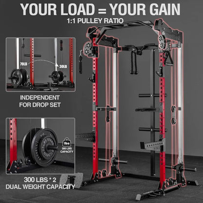 Smith Machine, 2000LB Squat Rack, Dual Pulley Cable Crossover System, Multi-function Free Weight Home Gym Workout Machine