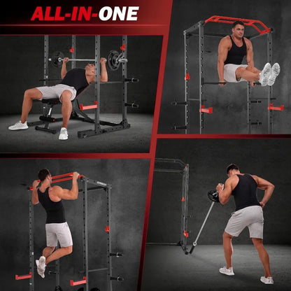 OPPSDECOR Power Cage, Multi-Function Power Rack with J-Hooks, Dip Handles, 360°Landmine and More Training Attachment