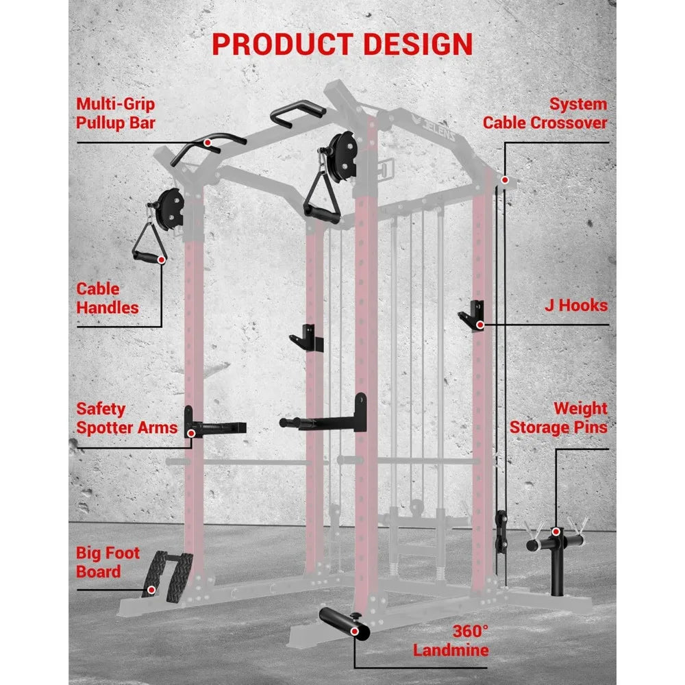 Multi-Function Power Rack, 2000 lbs Power Cage with Adjustable Cable Crossover System and More Training Attachment