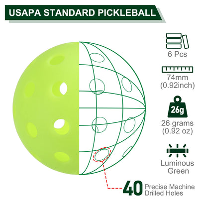 Outdoor Pickleball Balls, 40 Holes Pickleball 6 Pack Glow at Night Pickleball for Amateurs Indoor and Outdoor Sport, Luminous Gr