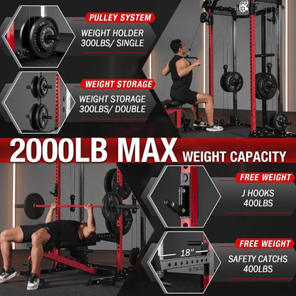 Smith Machine, 2000LB Squat Rack, Dual Pulley Cable Crossover System, Multi-function Free Weight Home Gym Workout Machine