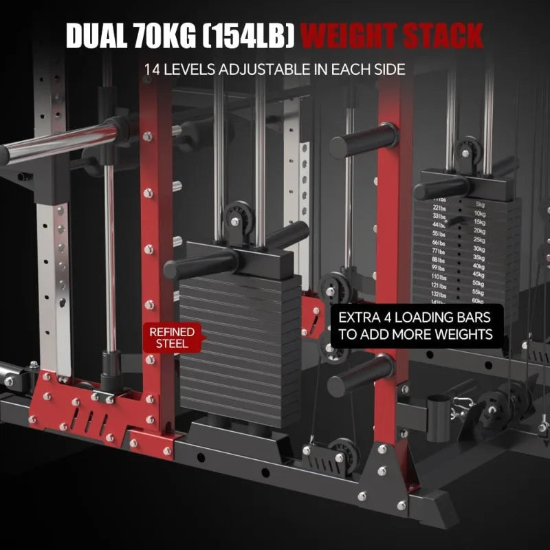 Commercial Smithe Machine with 308lb Dual Weight Stacks, 4000LBS Power Cage Squat Rack with Lever Arm & Leg Press, Multi-F