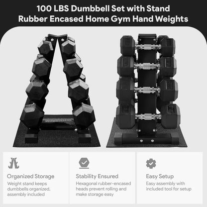 BalanceFrom 100LB or 150LB Rubber Coated Hex Dumbbell Weight Set and Storage Rack, 5-20 lbs Pairs, or 5-25 lbs Pairs