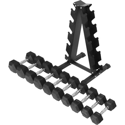 Signature Fitness 200LB Rubber Coated Hex Dumbbell Weight Set and Storage Rack, 10-30 lbs Pairs