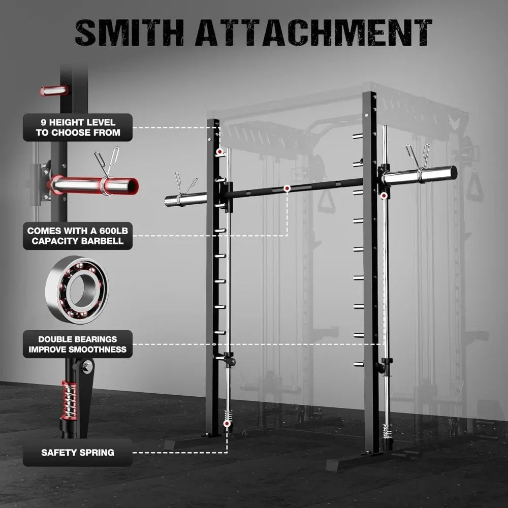 M21 Smith Machine, Multi-Function Power Cage with Dual Pulley Cable Crossover System, 2000LBS All-in-One Squat Rack